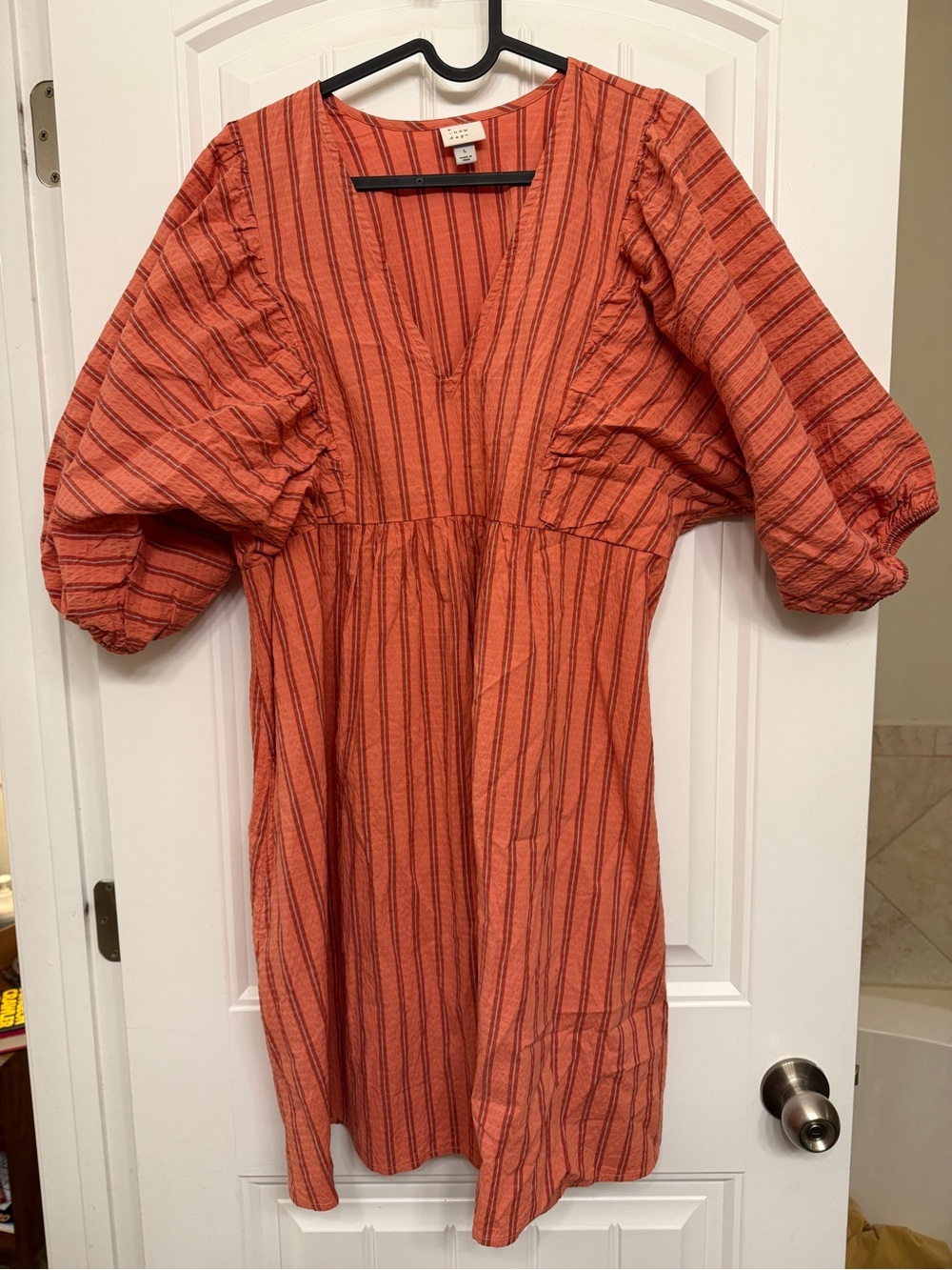a new day Rust Striped V-Neck Puff Sleeve Mini Dress